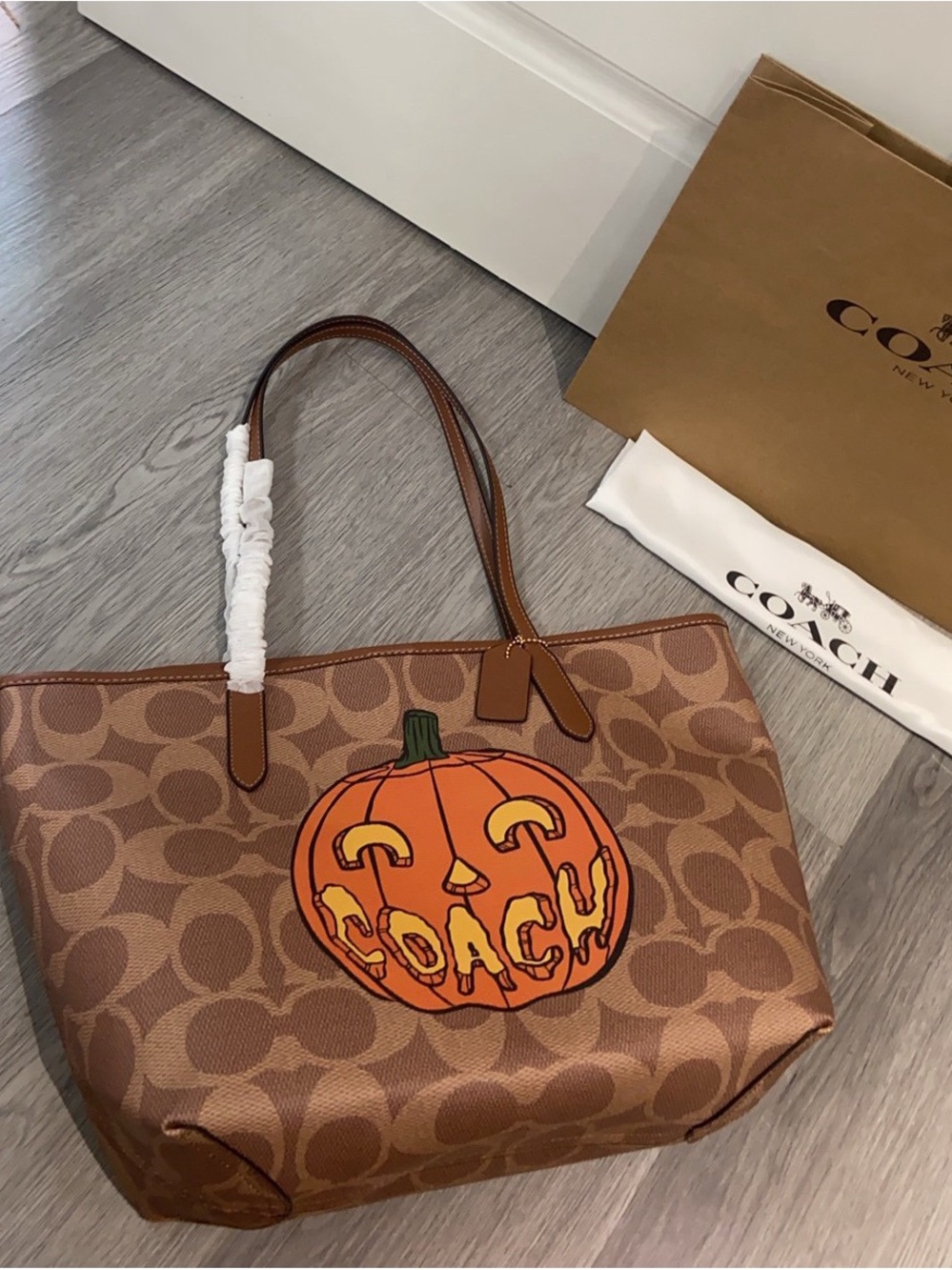 Coach Brown Signature Canvas Tote with Pumpkin Graphic